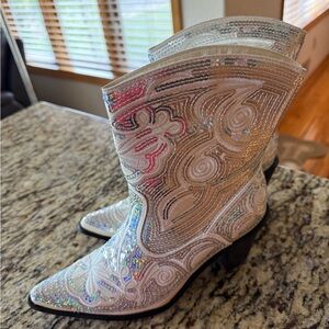 Iridescent White Western Heeled Ankle Boots